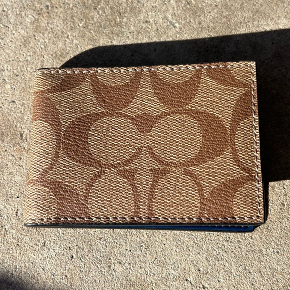 Coach Other - Coach Slim Clip Billfold Card Hold Wallet Brown Classic Canvas Blue Leather